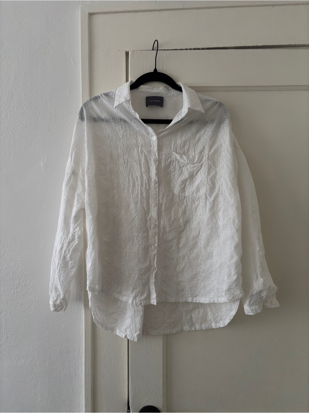 Hudson Gray White Embroidered Button-Up Shirt - Classic Lightweight Long Sleeve